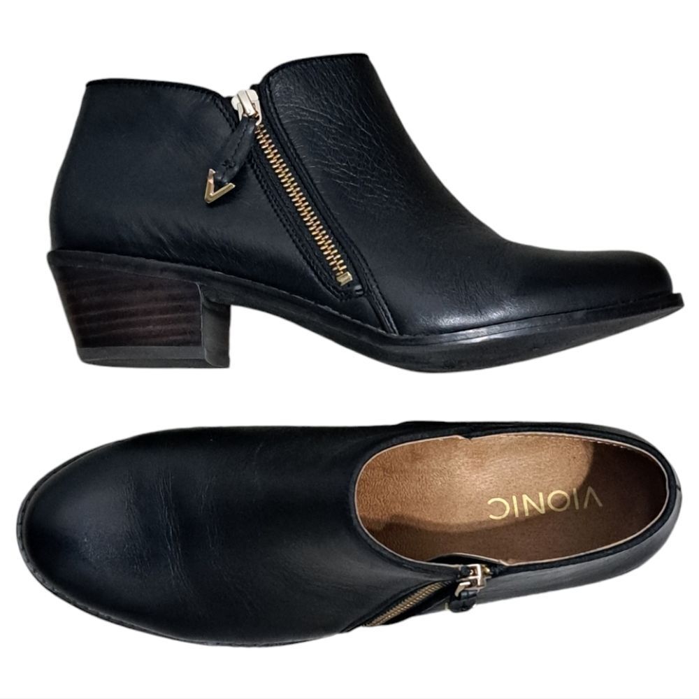 Vionic Jolene Ankle Bootie Black Leather Zip Up Size 9